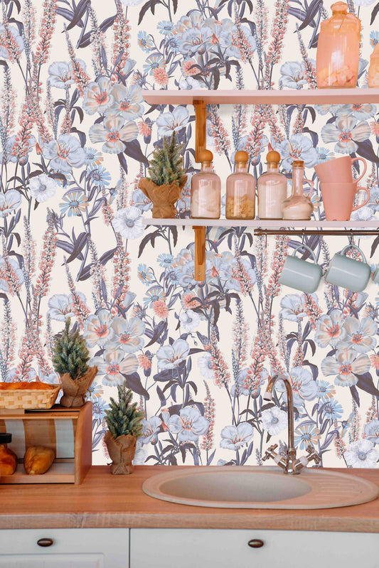 Colorful Flower Botanical Accent Floral Wallpaper – lifestyle view, Golden Era Walls