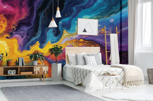 Dynamic Fluid Art Vibrant Geometric Wallpaper – room setting, Golden Era Walls