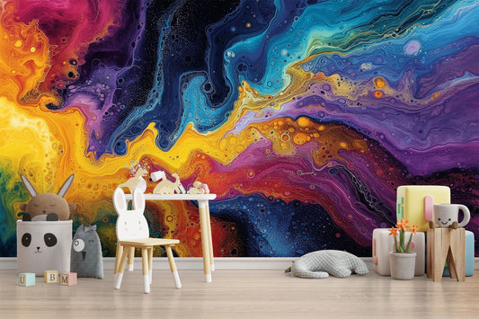 Dynamic Fluid Art Vibrant Geometric Wallpaper – peel and stick wallpaper mural, Golden Era Walls