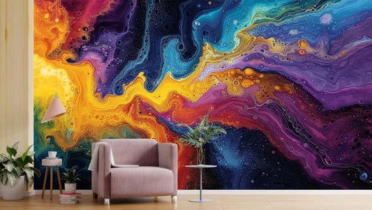 Dynamic Fluid Art Vibrant Geometric Wallpaper – lifestyle view, Golden Era Walls