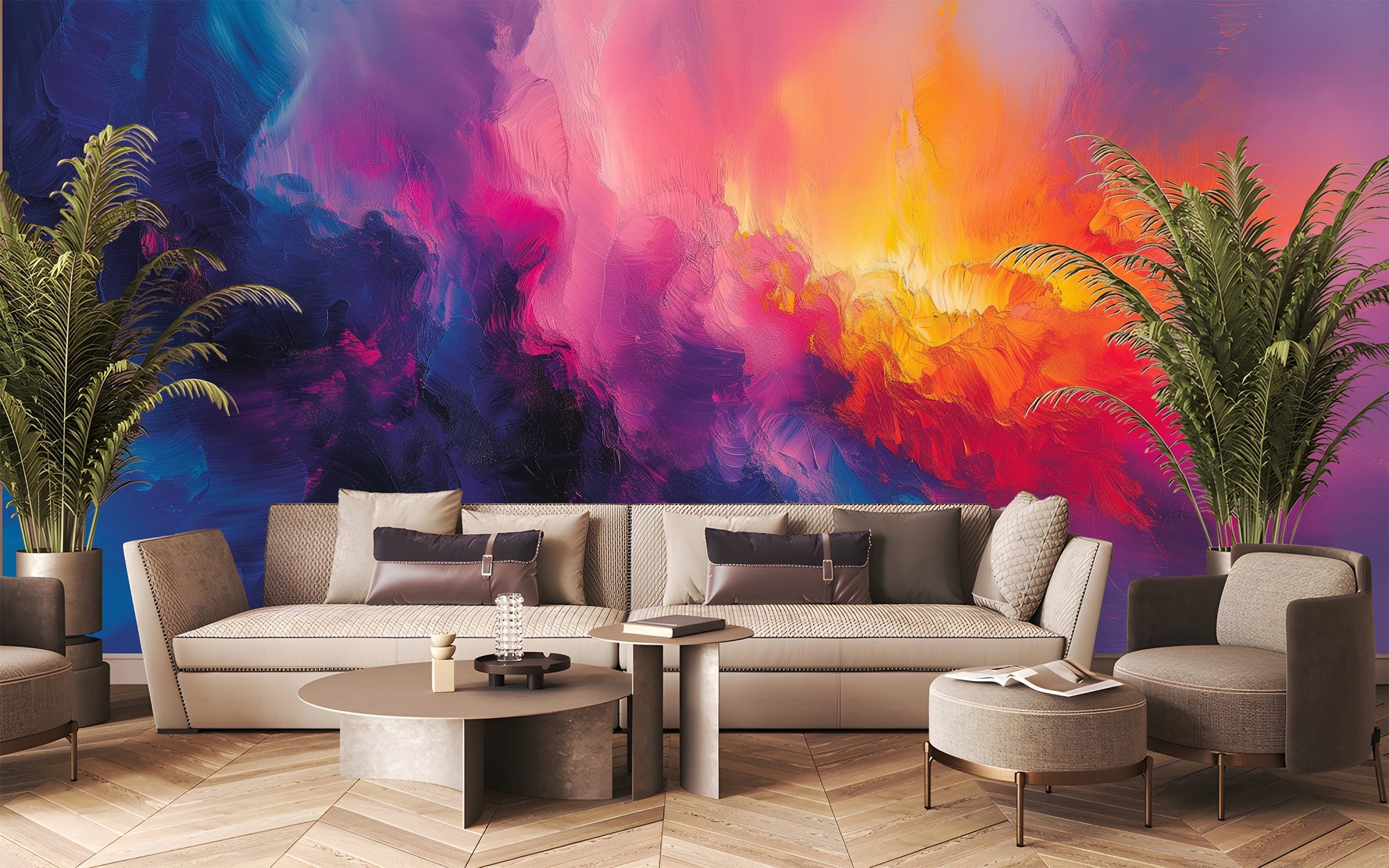 Vibrant Fluid Art Abstract Geometric Wallpaper – scale reference, Golden Era Walls
