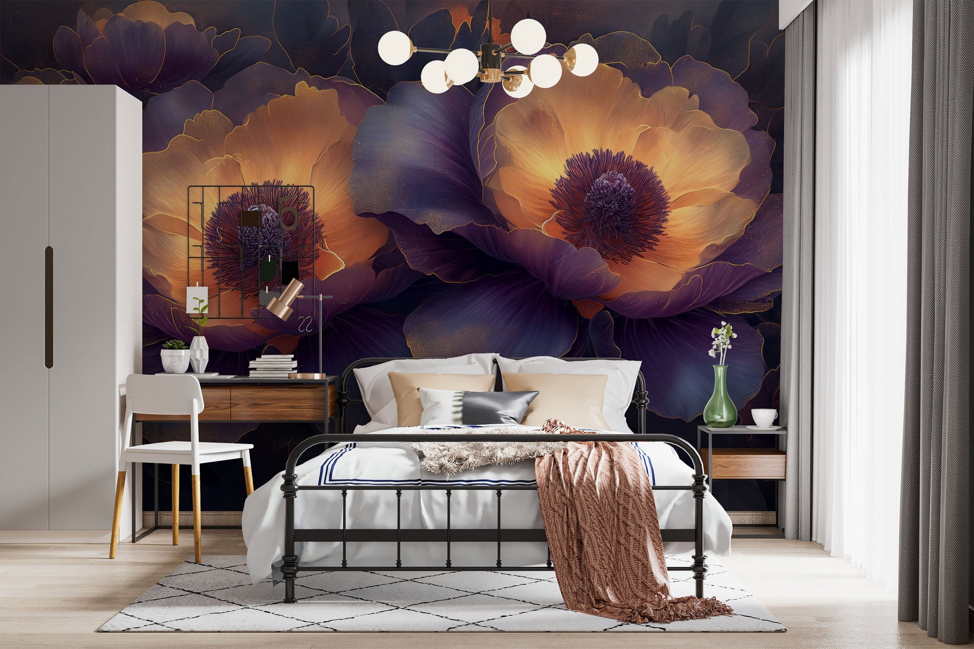 Abstract Peonies Purple Yellow Floral Wallpaper – lifestyle view, Golden Era Walls