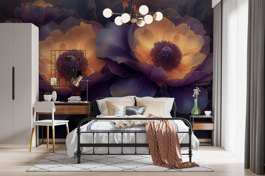Abstract Peonies Purple Yellow Floral Wallpaper – lifestyle view, Golden Era Walls