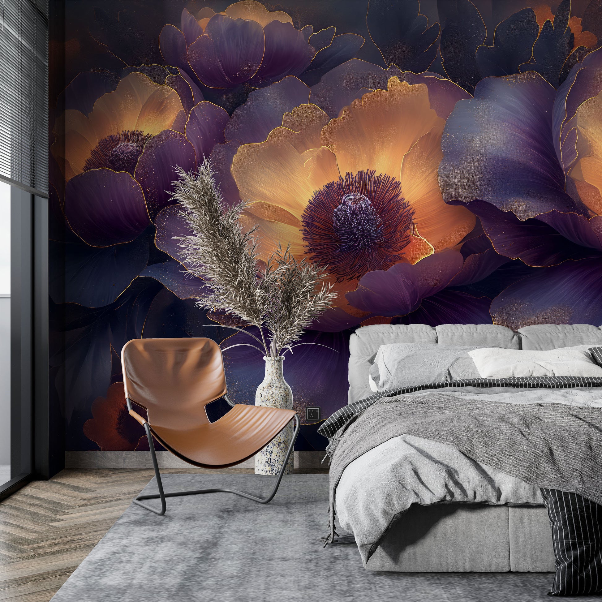 Abstract Peonies Purple Yellow Floral Wallpaper – peel and stick wallpaper mural, Golden Era Walls
