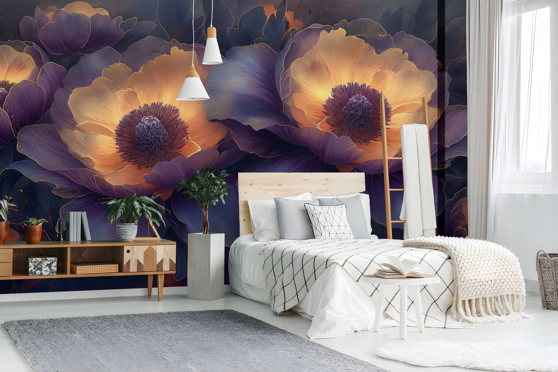 Abstract Peonies Purple Yellow Floral Wallpaper – room setting, Golden Era Walls