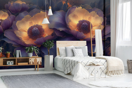 Abstract Peonies Purple Yellow Floral Wallpaper – room setting, Golden Era Walls