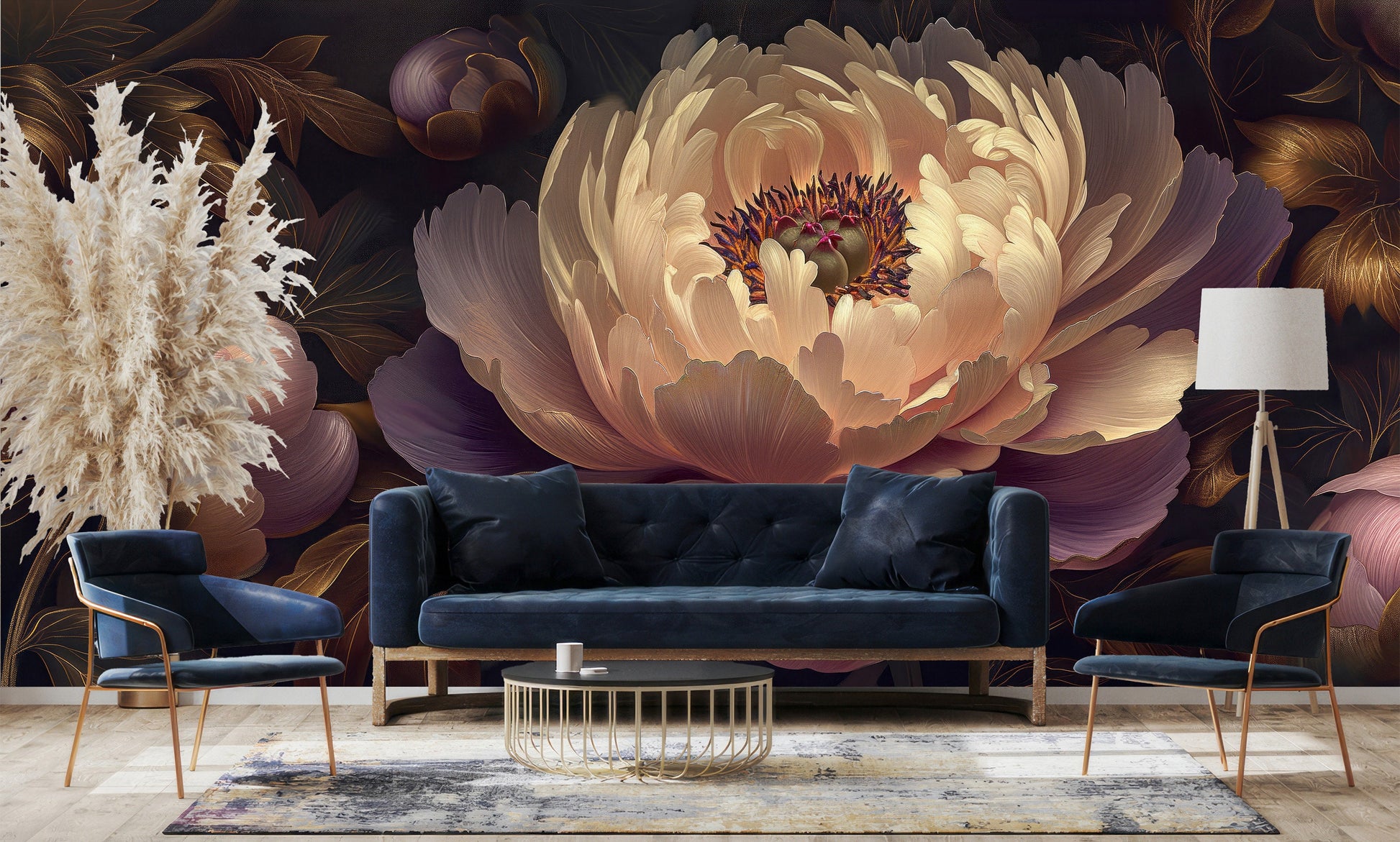 Abstract Peonies Purple Yellow Floral Wallpaper – room setting, Golden Era Walls