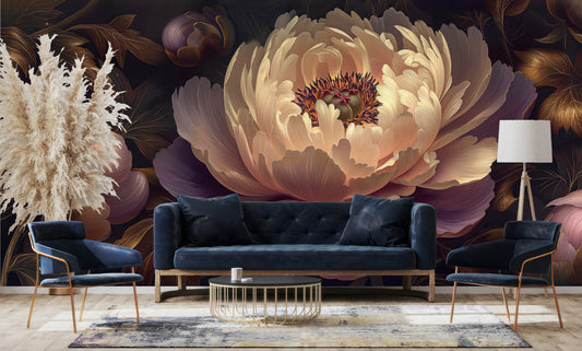 Abstract Peonies Purple Yellow Floral Wallpaper – room setting, Golden Era Walls