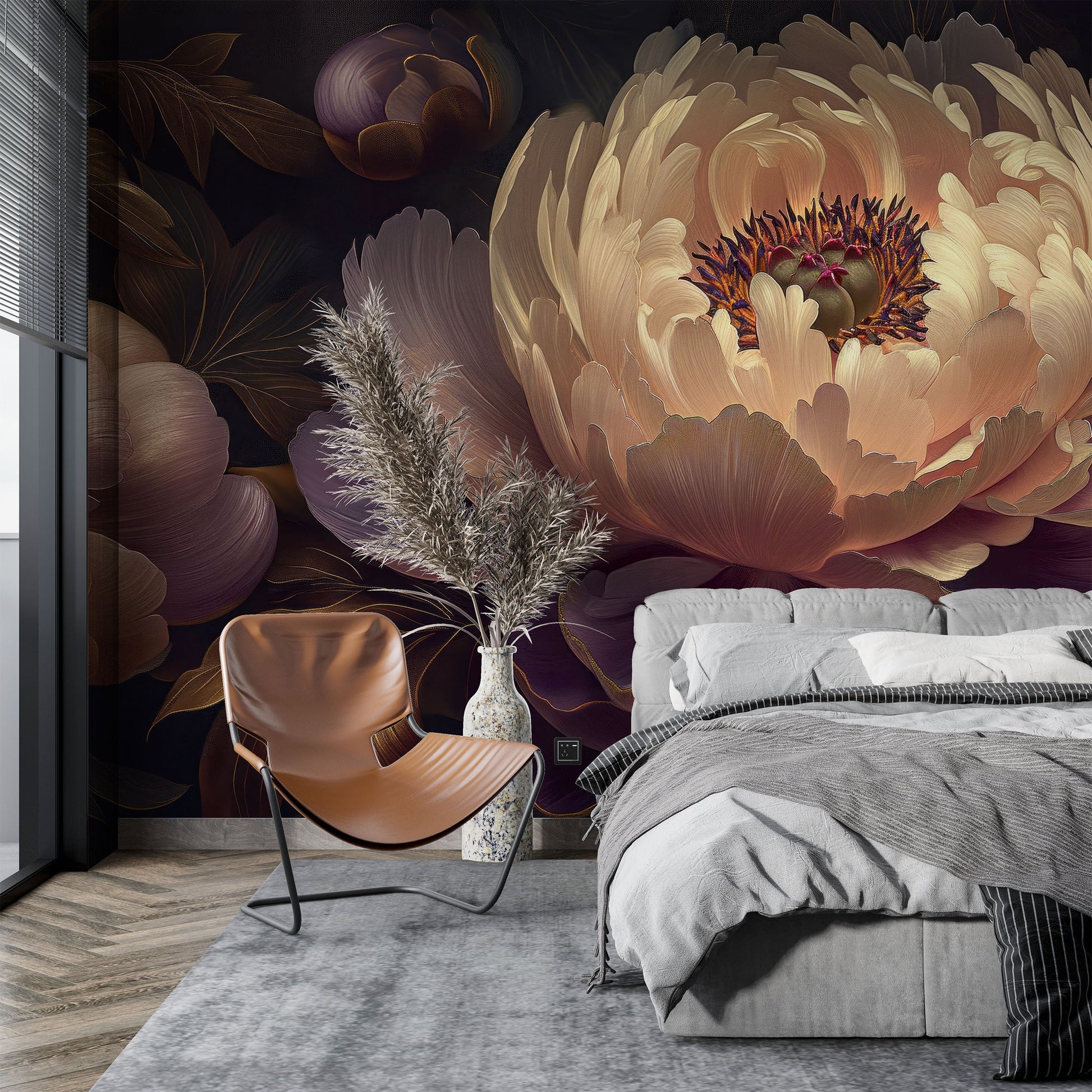Abstract Peonies Purple Yellow Floral Wallpaper – lifestyle view, Golden Era Walls