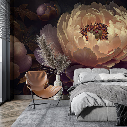 Abstract Peonies Purple Yellow Floral Wallpaper – lifestyle view, Golden Era Walls
