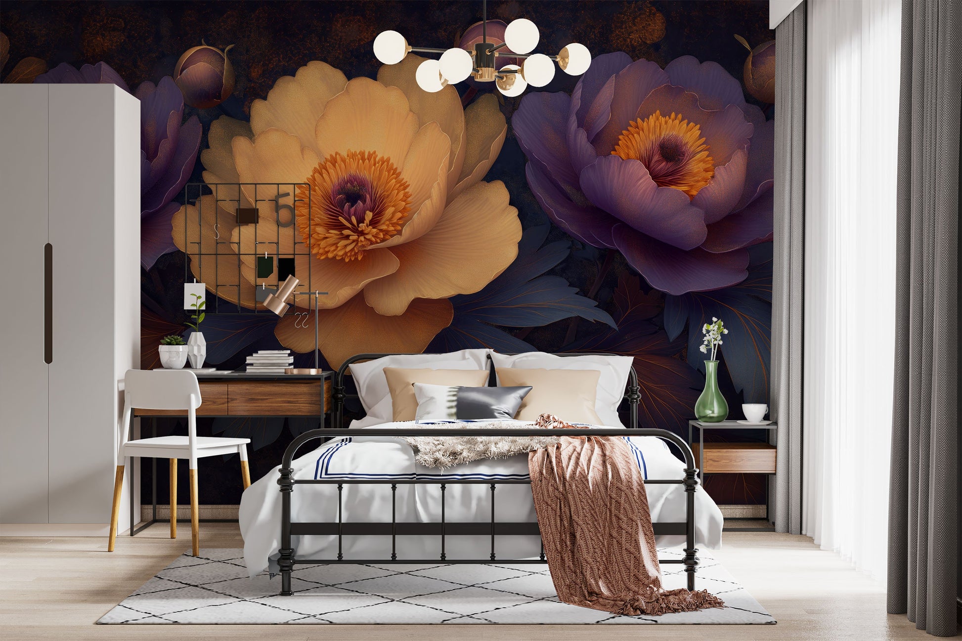 Artistic Peonies Purple Peach Floral Wallpaper – detail view, Golden Era Walls