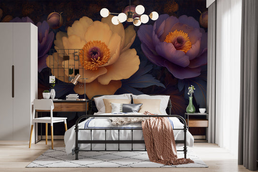 Artistic Peonies Purple Peach Floral Wallpaper – detail view, Golden Era Walls