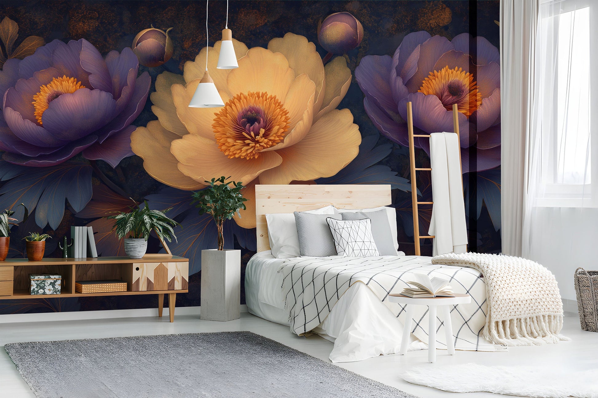 Artistic Peonies Purple Peach Floral Wallpaper – lifestyle view, Golden Era Walls