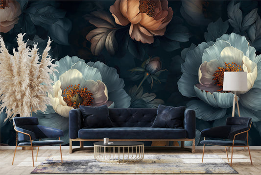 Dark Floral Non Woven Floral Wallpaper – room setting, Golden Era Walls