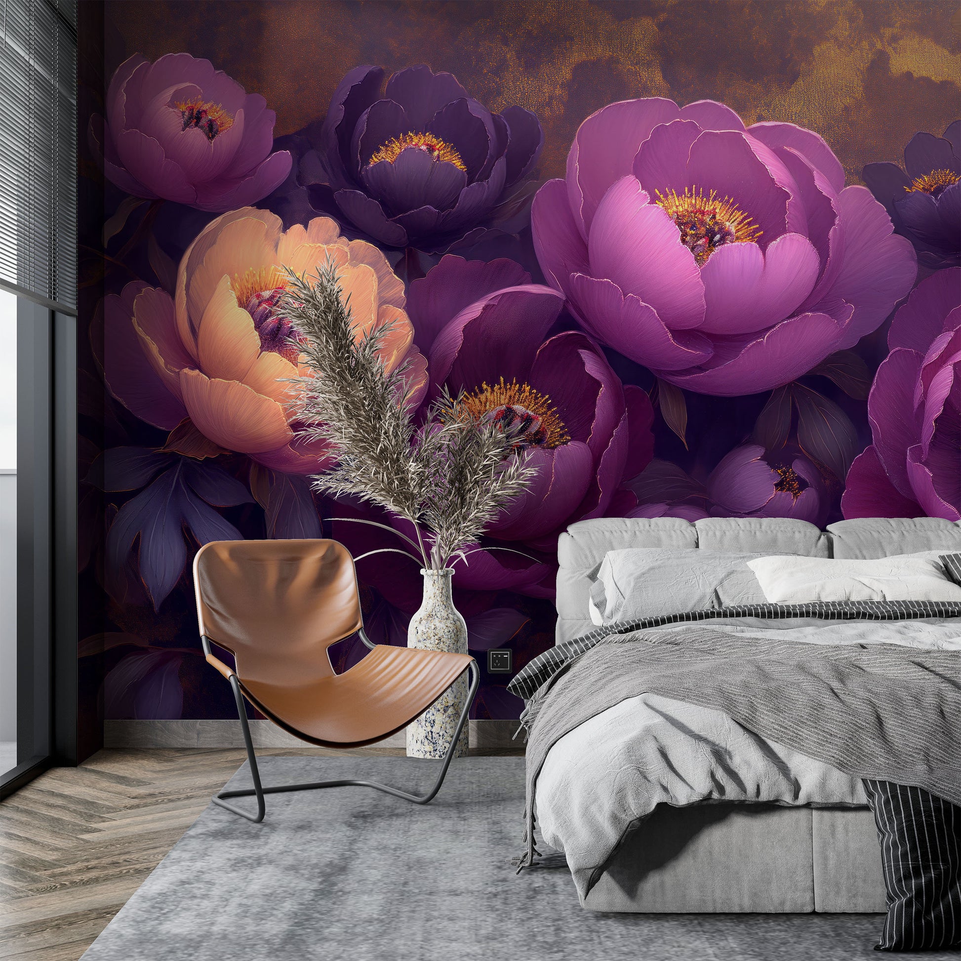 Elegant Floral Peonies Abstract Floral Wallpaper – room setting, Golden Era Walls