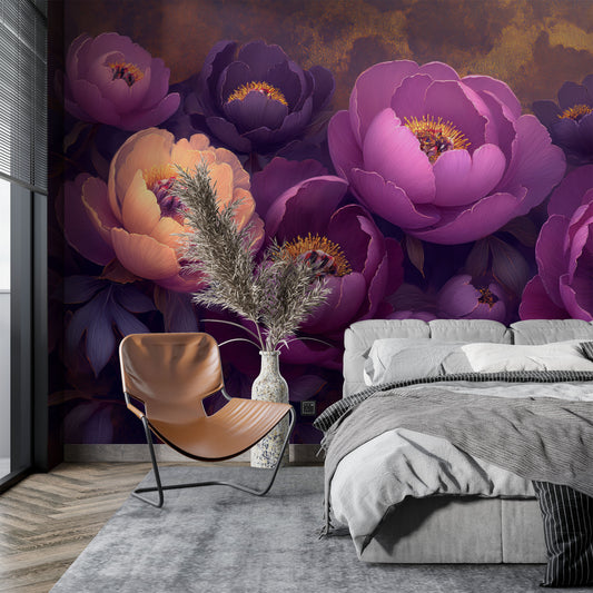 Elegant Floral Peonies Abstract Floral Wallpaper – room setting, Golden Era Walls