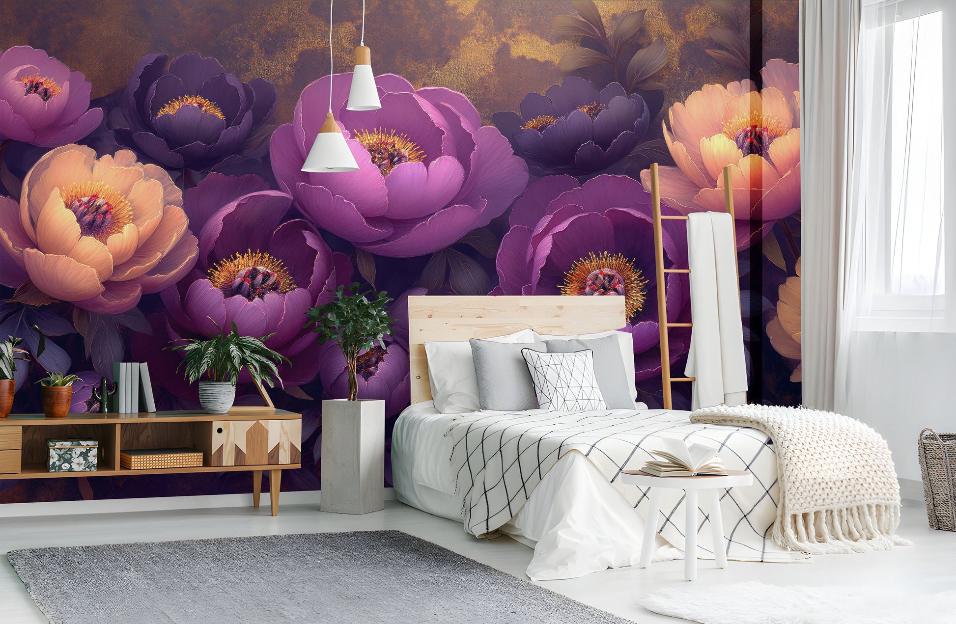 Elegant Floral Peonies Abstract Floral Wallpaper – scale reference, Golden Era Walls