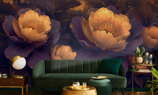 Elegant Peony Blossom Abstract Floral Wallpaper – room setting, Golden Era Walls