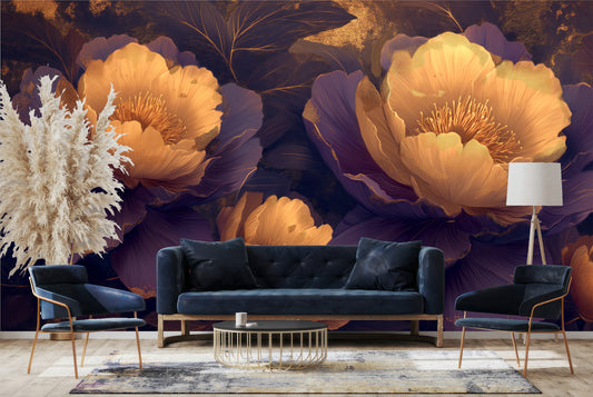 Elegant Peony Blossom Abstract Floral Wallpaper – lifestyle view, Golden Era Walls