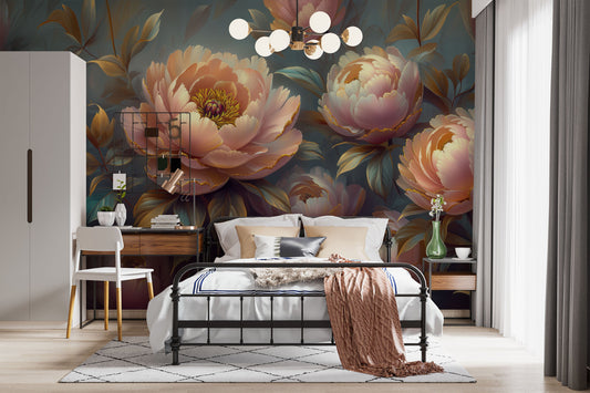 Elegant Peony Blossom Abstract Floral Wallpaper – lifestyle view, Golden Era Walls