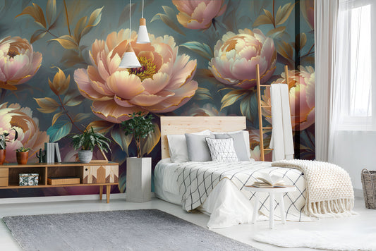 Elegant Peony Blossom Abstract Floral Wallpaper – detail view, Golden Era Walls