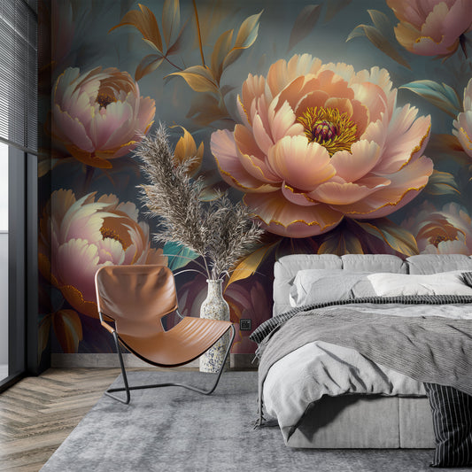 Elegant Peony Blossom Abstract Floral Wallpaper – detail view, Golden Era Walls
