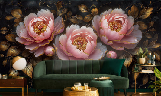 Elegant Pink Bronze Floral Floral Wallpaper – lifestyle view, Golden Era Walls