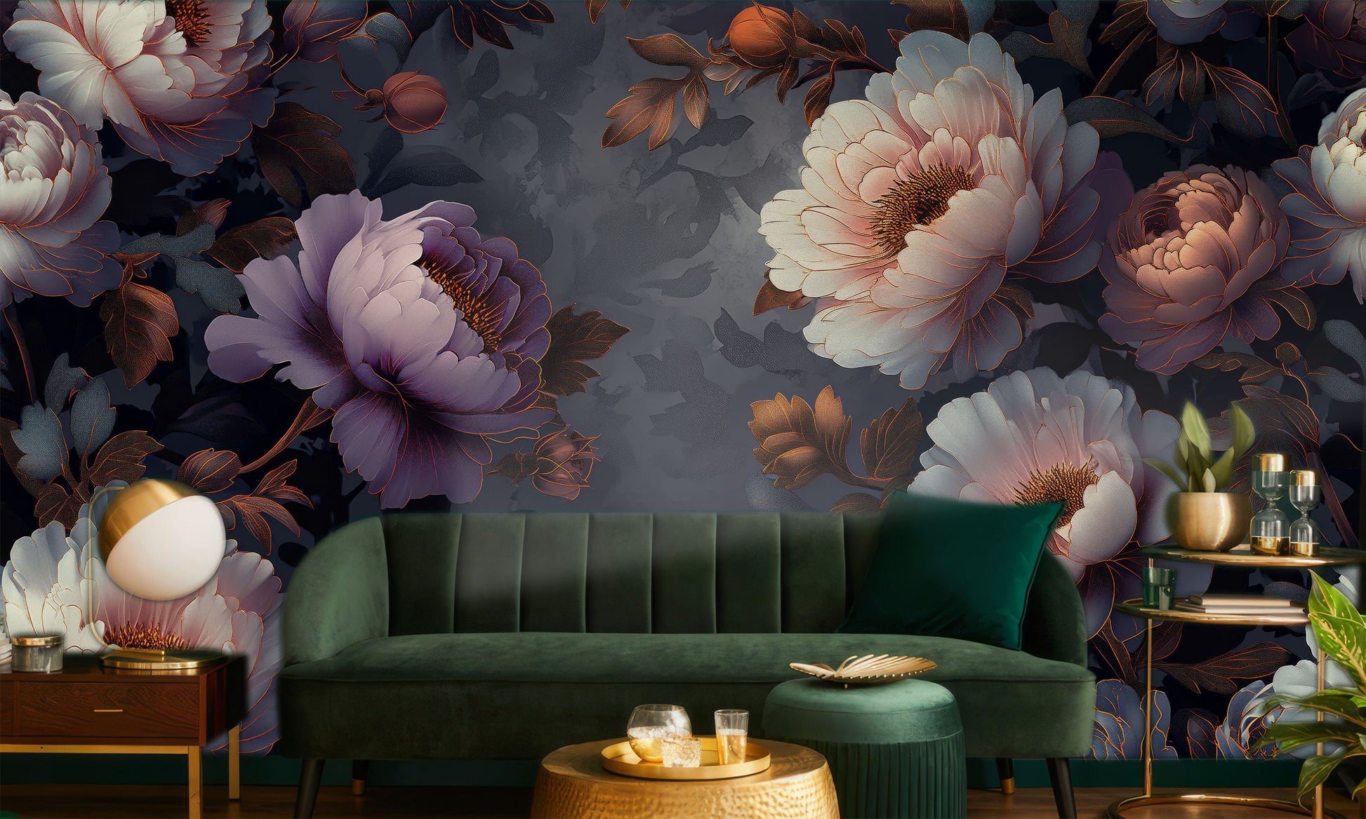Luxurious Peony Garden Non Floral Wallpaper – scale reference, Golden Era Walls