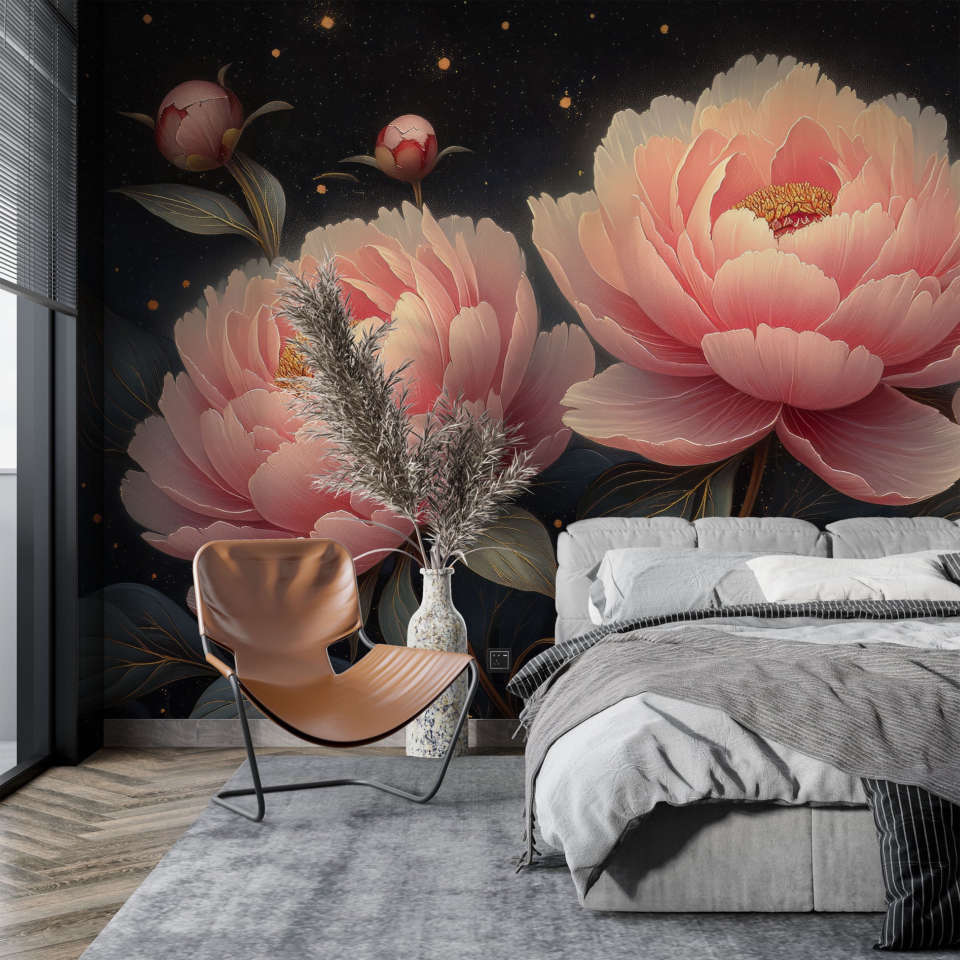 Pastel Peony Flower Elegant Floral Wallpaper – room setting, Golden Era Walls