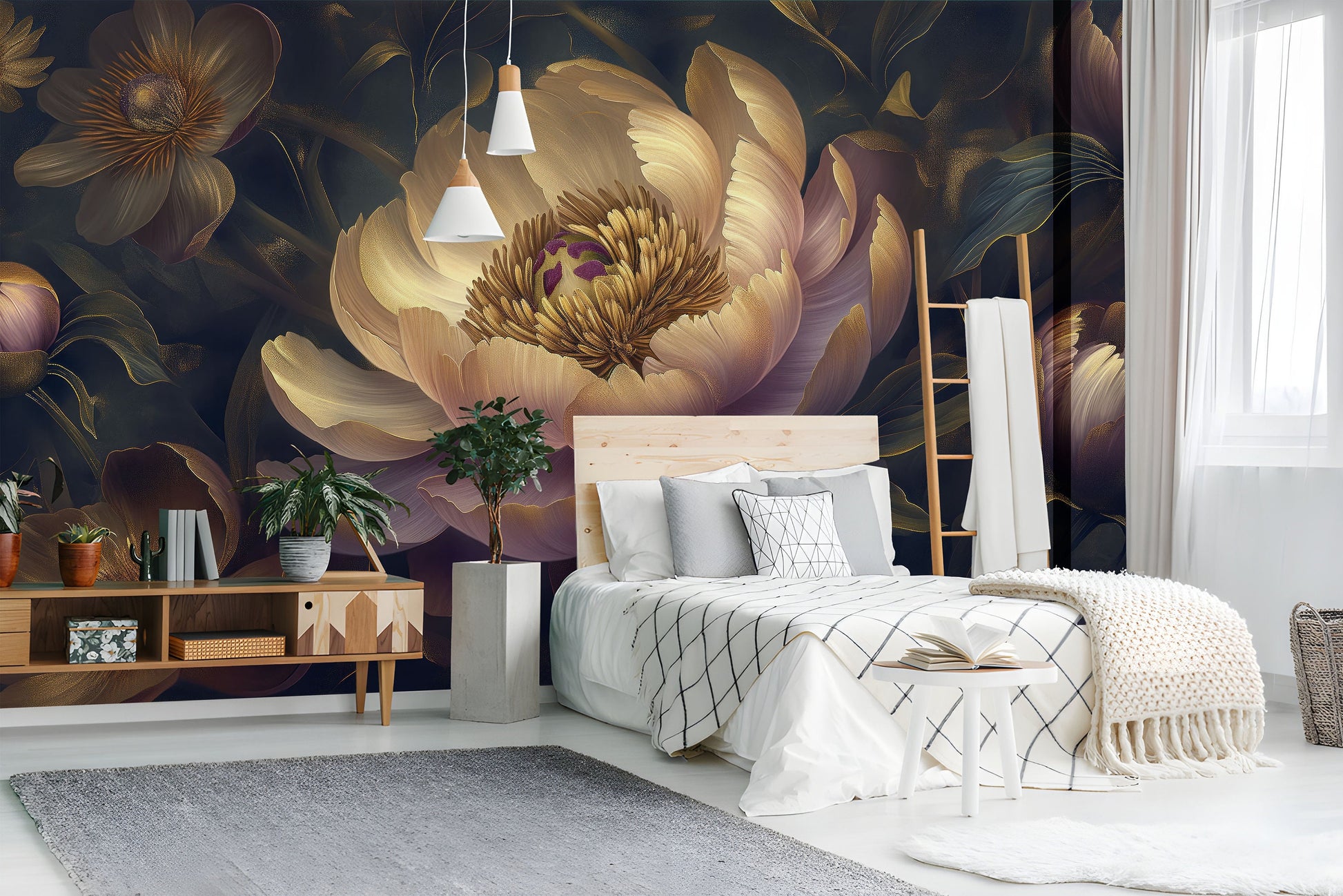 Purple Yellow Abstract Peonies Floral Wallpaper – room setting, Golden Era Walls