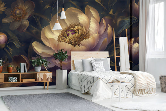 Purple Yellow Abstract Peonies Floral Wallpaper – room setting, Golden Era Walls