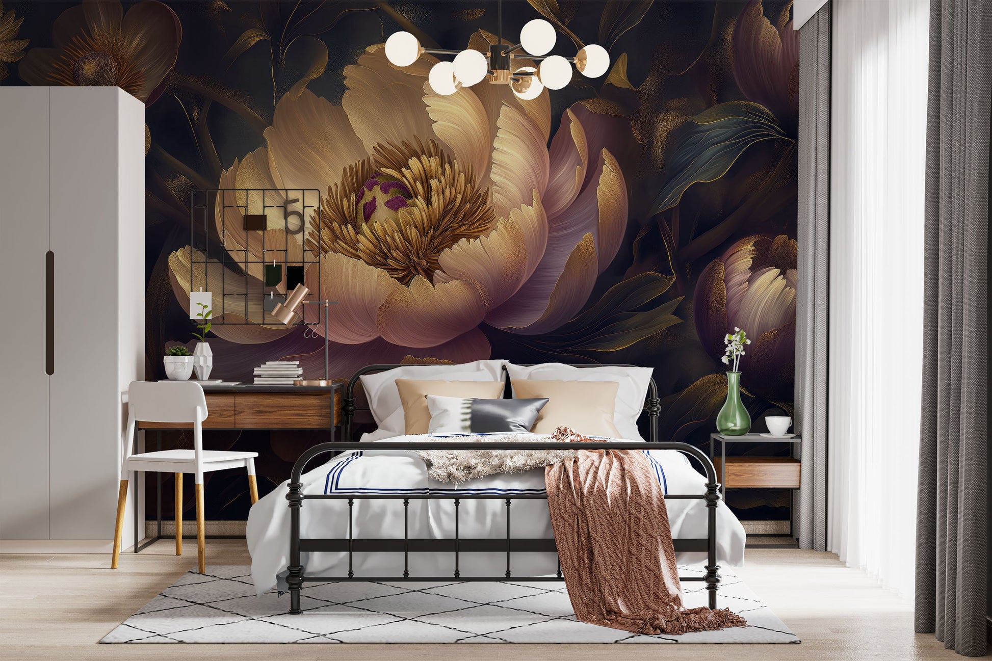 Purple Yellow Abstract Peonies Floral Wallpaper – scale reference, Golden Era Walls