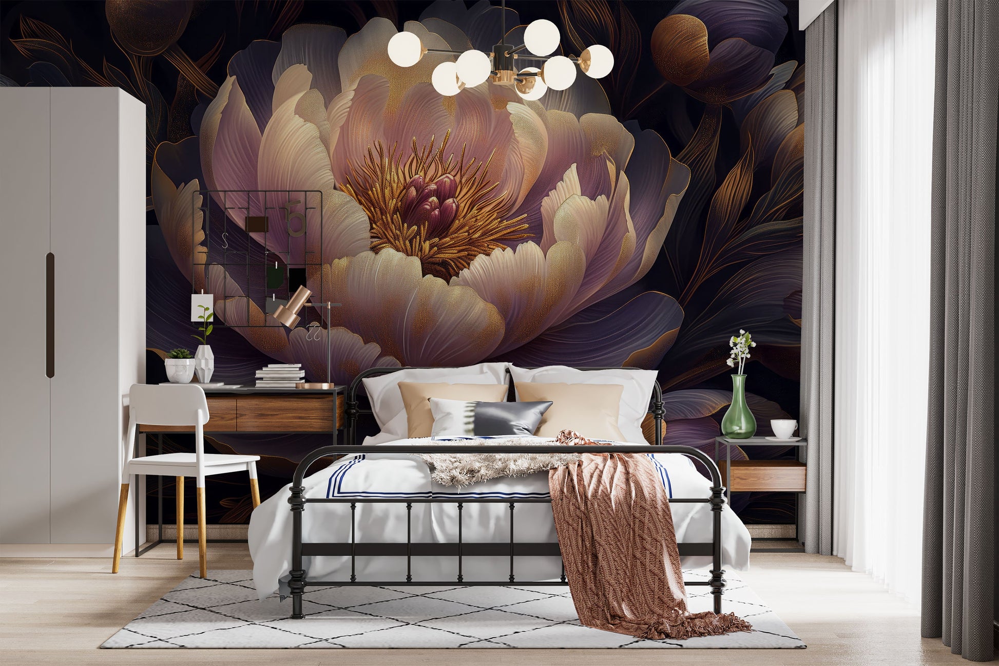 Serene Dark Floral Non Floral Wallpaper – room setting, Golden Era Walls