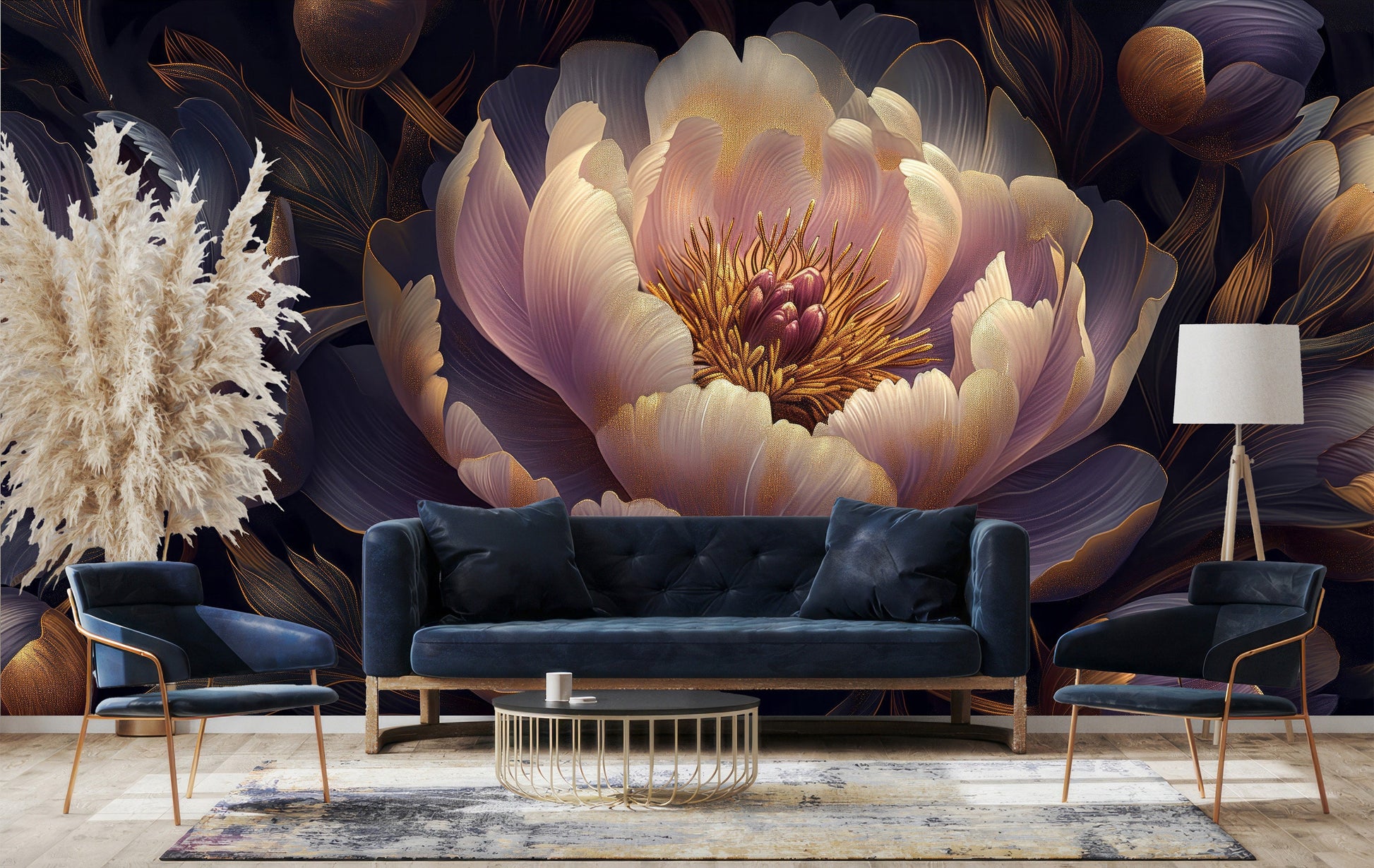 Serene Dark Floral Non Floral Wallpaper – scale reference, Golden Era Walls