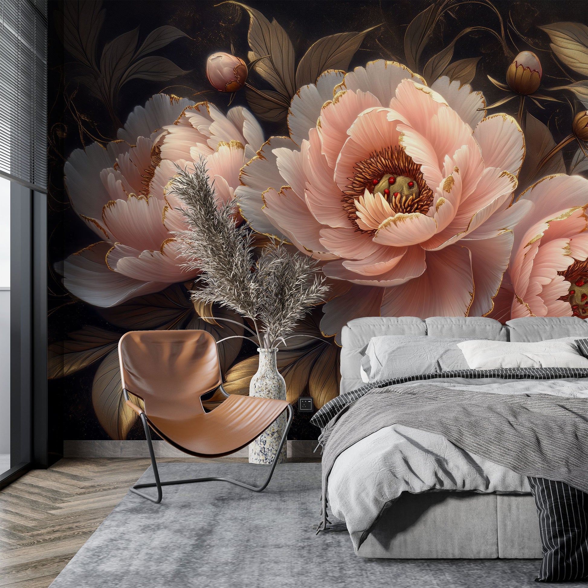 Serene Peony Blossom Non Floral Wallpaper Pattern – peel and stick wallpaper mural, Golden Era Walls