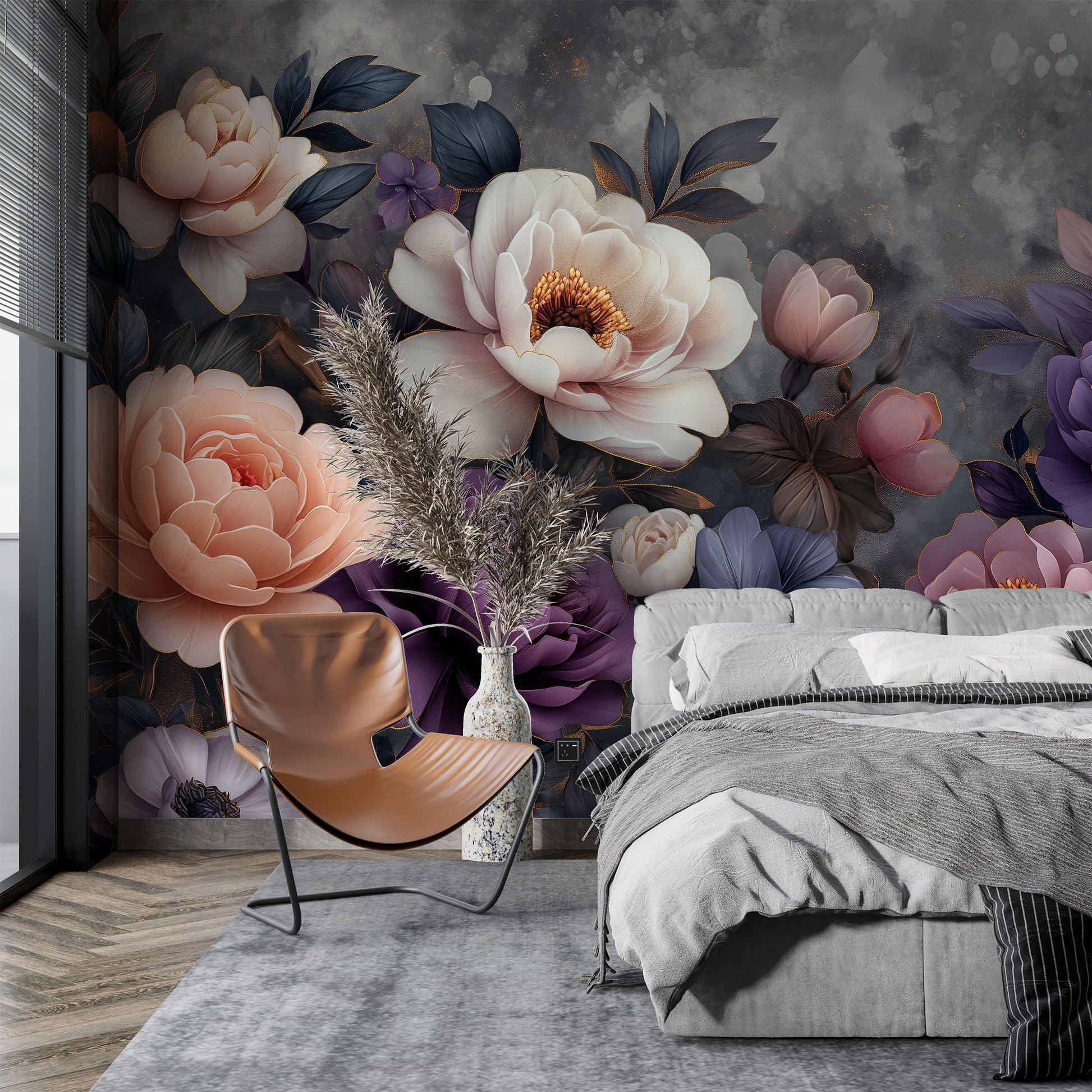 Vintage Peony Bloom Non Floral Wallpaper Pattern – scale reference, Golden Era Walls