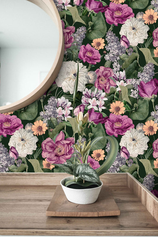 Botanical Colorful Floral Covering Floral Wallpaper – lifestyle view, Golden Era Walls