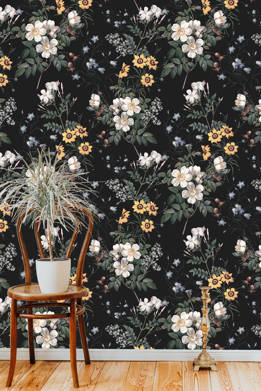 Chic Floral Flower Covering Floral Wallpaper Pattern – peel and stick wallpaper mural, Golden Era Walls