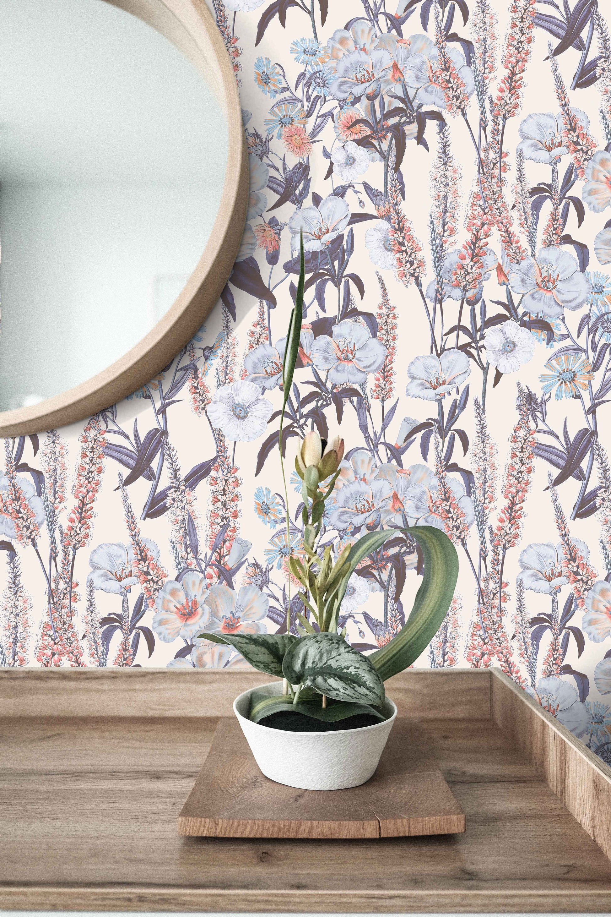 Colorful Flower Botanical Accent Floral Wallpaper – detail view, Golden Era Walls