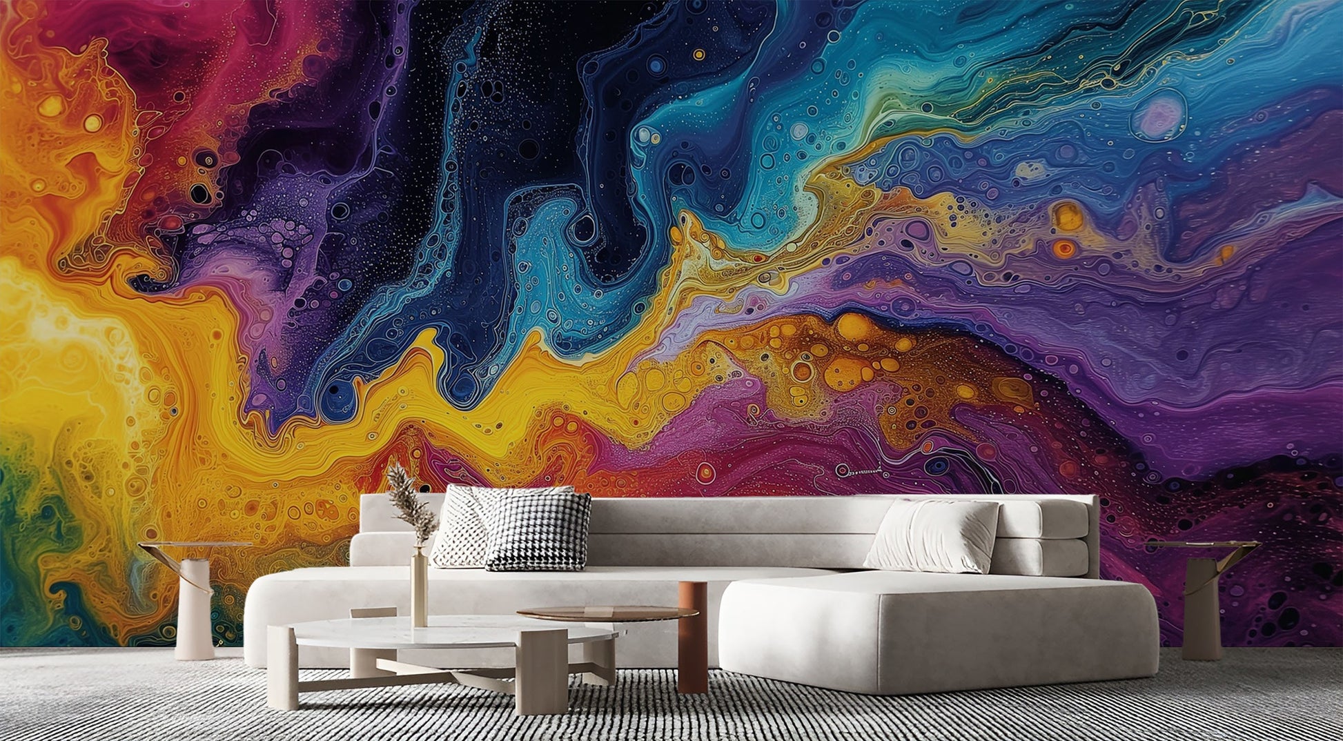 Dynamic Fluid Art Vibrant Geometric Wallpaper – scale reference, Golden Era Walls