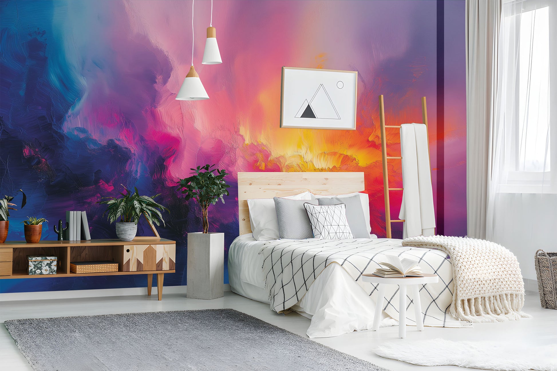 Vibrant Fluid Art Abstract Geometric Wallpaper – room setting, Golden Era Walls