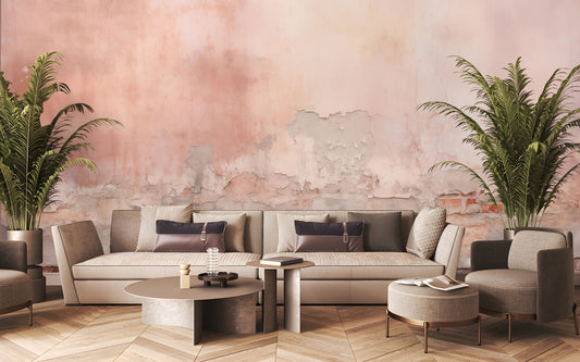 Vintage Pink Beige Distressed Marble Wallpaper – room setting, Golden Era Walls