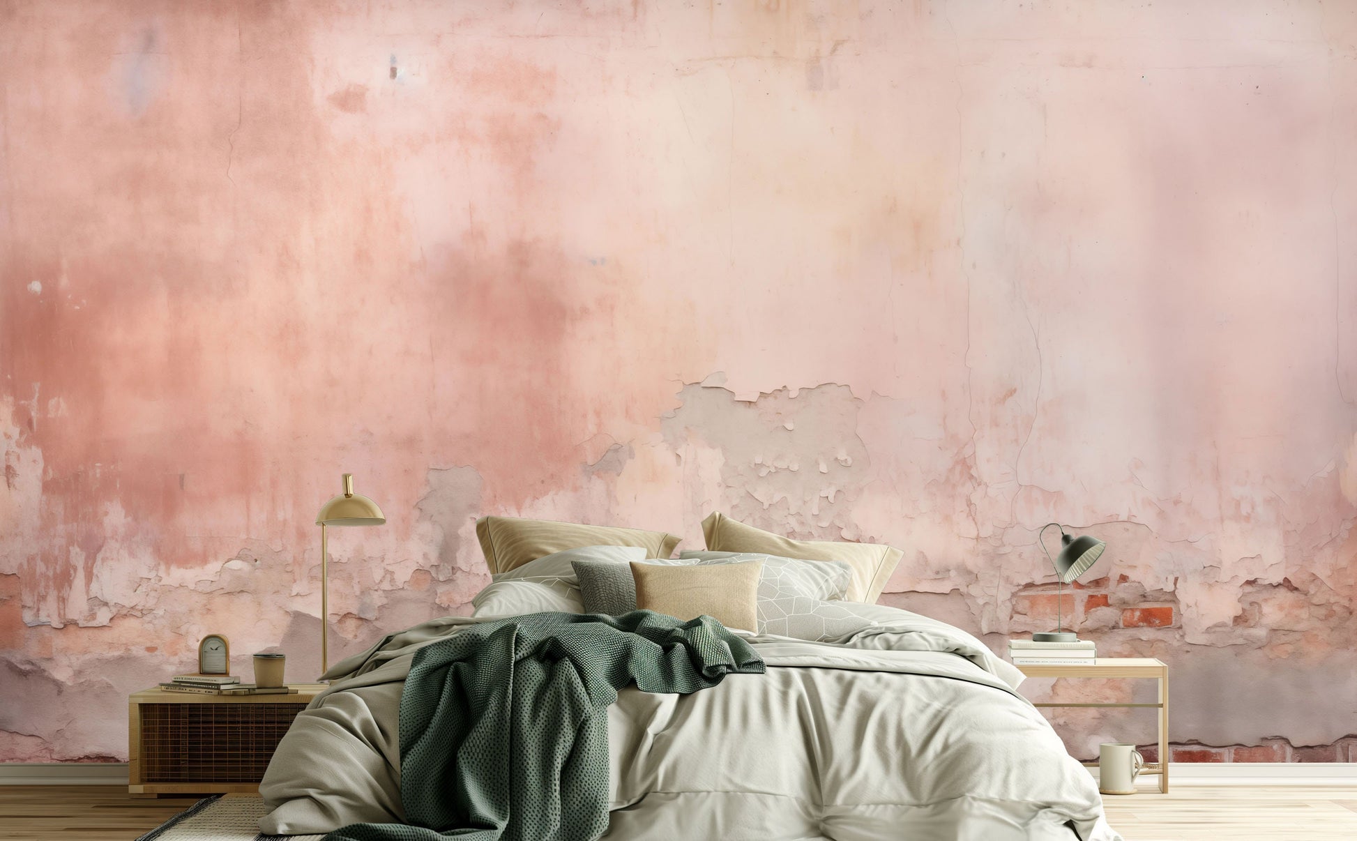 Vintage Pink Beige Distressed Marble Wallpaper – lifestyle view, Golden Era Walls