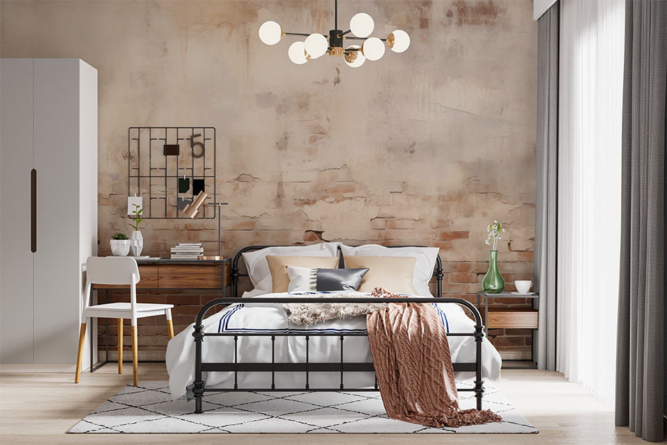 Rustic Aged Plaster Look Marble Wallpaper – room setting, Golden Era Walls