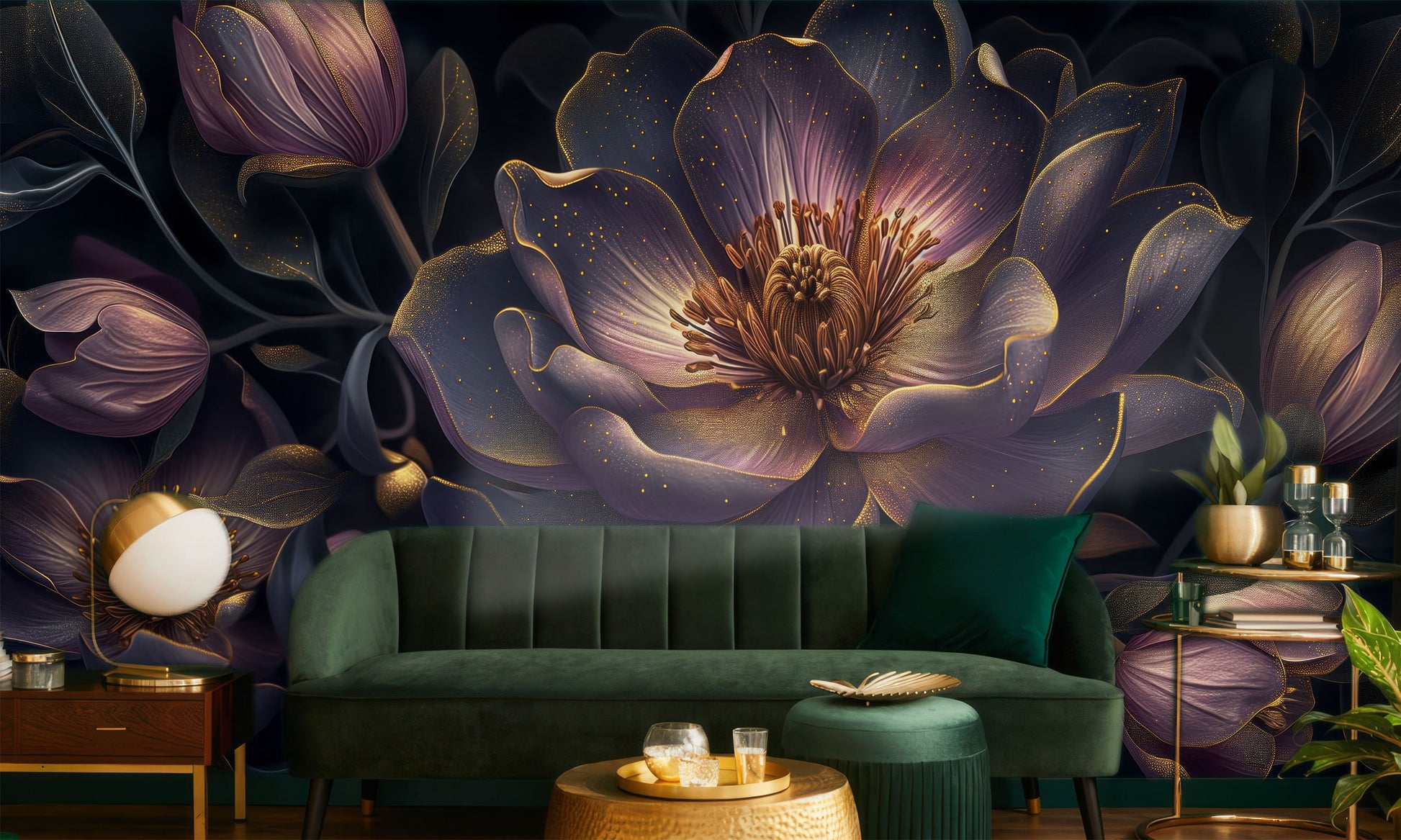 Abstract Peonies Floral Purple Floral Wallpaper – room setting, Golden Era Walls