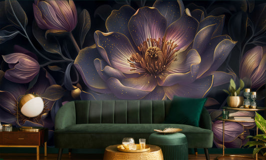 Abstract Peonies Floral Purple Floral Wallpaper – room setting, Golden Era Walls