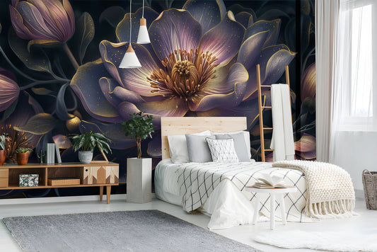 Abstract Peonies Floral Purple Floral Wallpaper – lifestyle view, Golden Era Walls