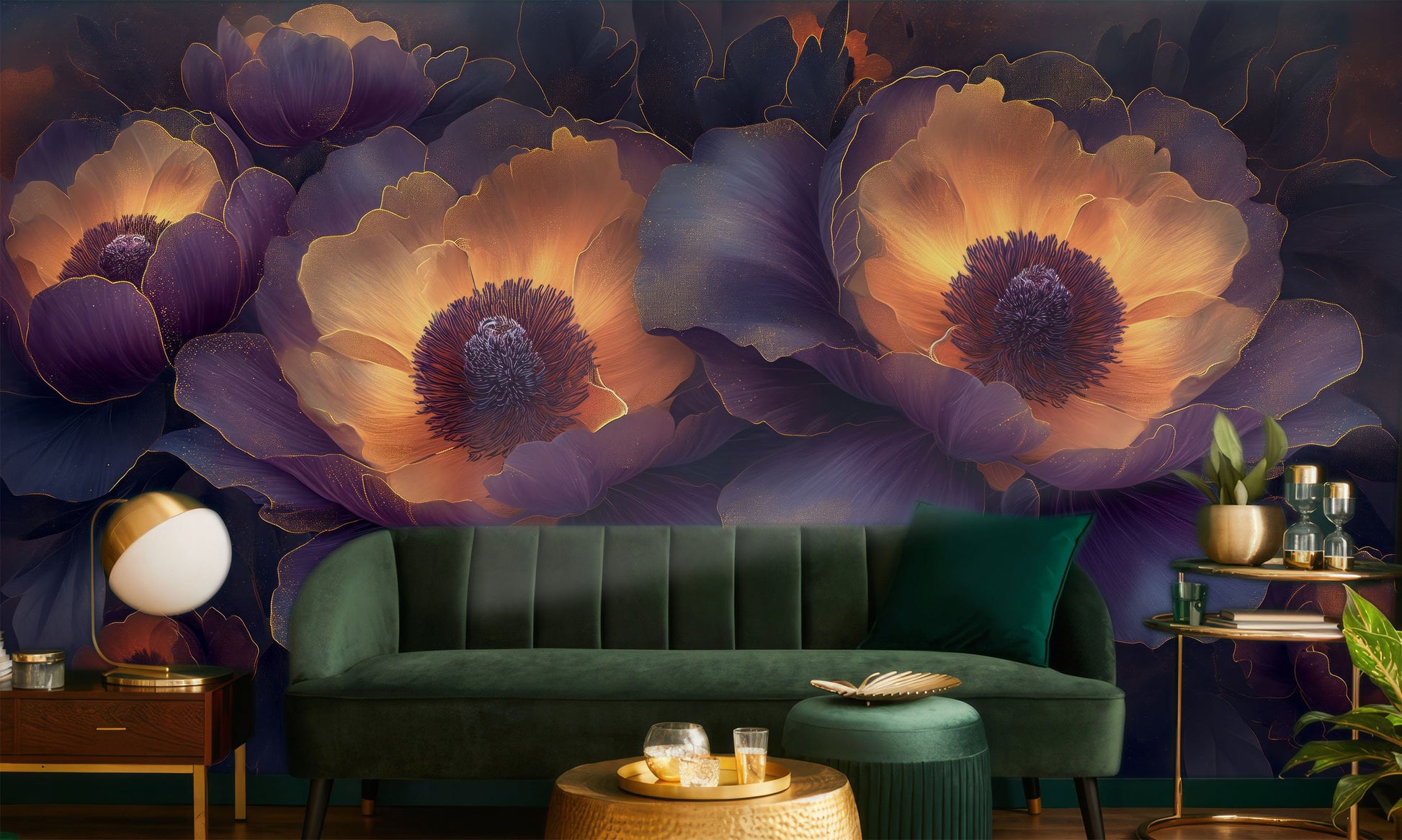 Abstract Peonies Purple Yellow Floral Wallpaper – scale reference, Golden Era Walls