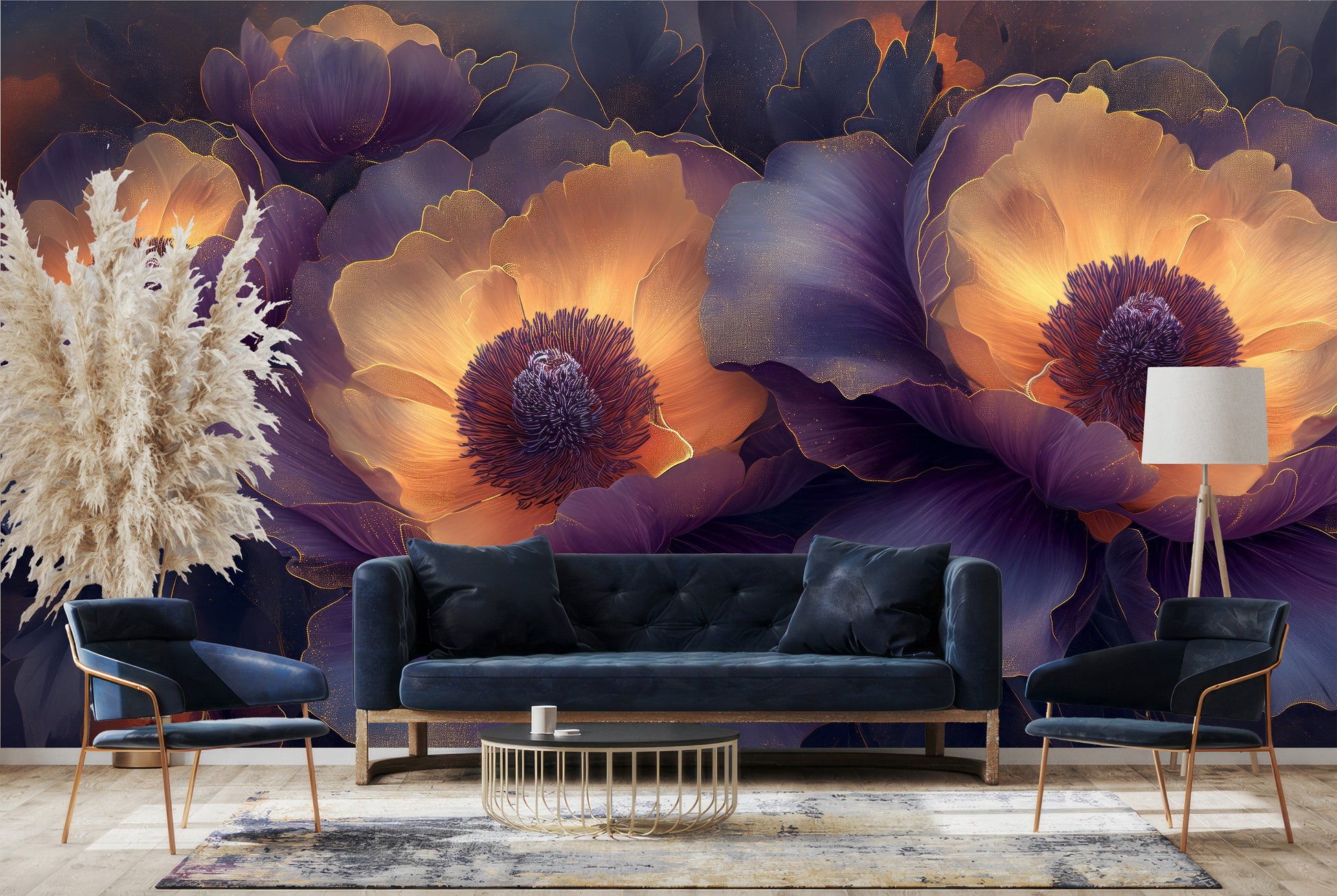 Abstract Peonies Purple Yellow Floral Wallpaper – detail view, Golden Era Walls
