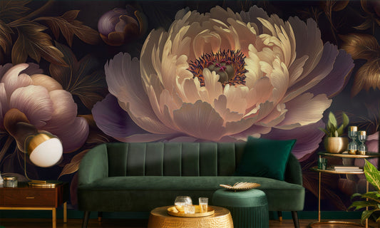 Abstract Peonies Purple Yellow Floral Wallpaper – detail view, Golden Era Walls